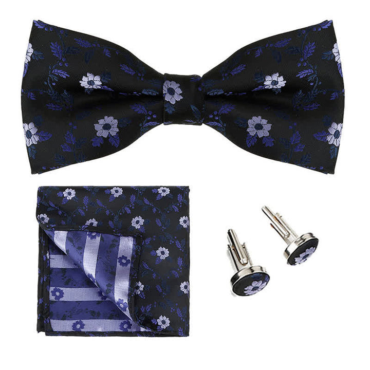 3Pcs Men's Coloured Flowers Pocket Square Bow Tie Set - Midnight Blue - image 0