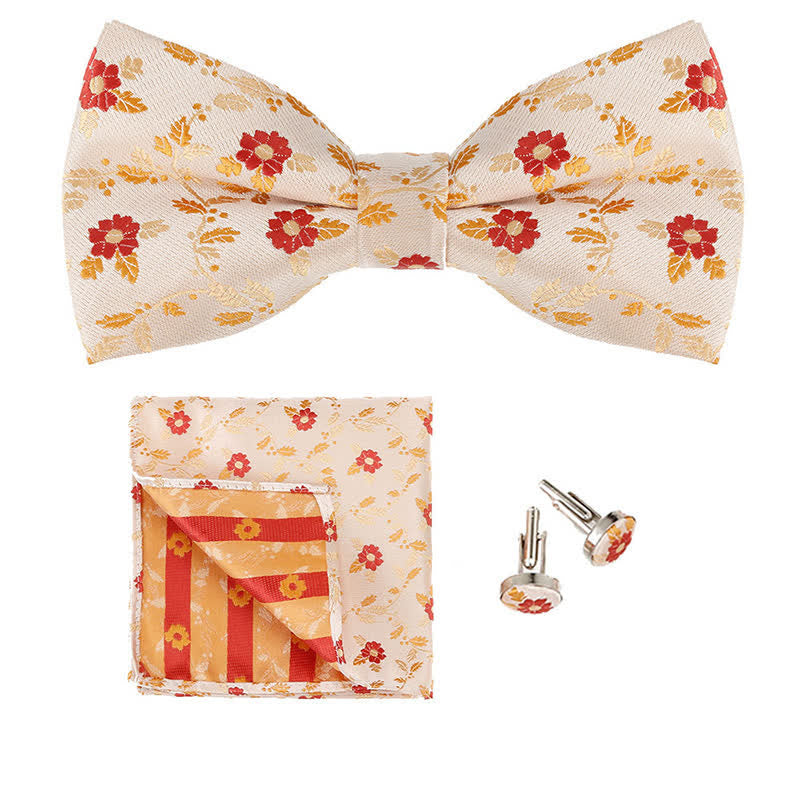 3Pcs Men's Coloured Flowers Pocket Square Bow Tie Set - Ivory & Yellow - image 2