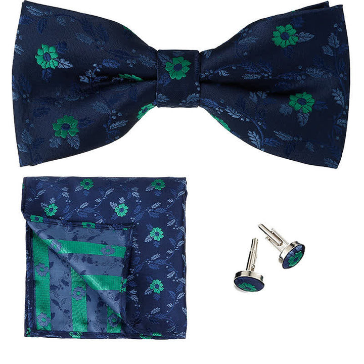 3Pcs Men's Coloured Flowers Pocket Square Bow Tie Set - Navy & Green - image 7