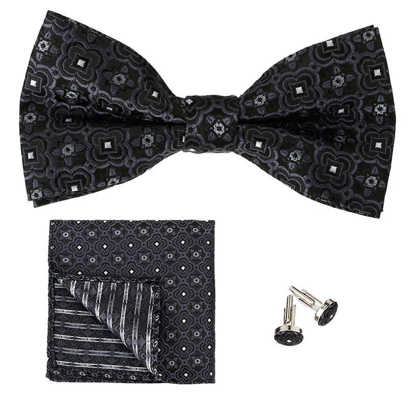 3Pcs Men's Geometrical Figure Pocket Square Bow Tie Set - Black & Gray - image 0