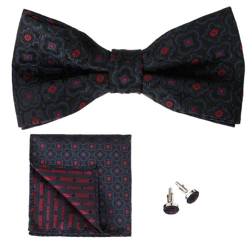 3Pcs Men's Geometrical Figure Pocket Square Bow Tie Set - Black & Red - image 3