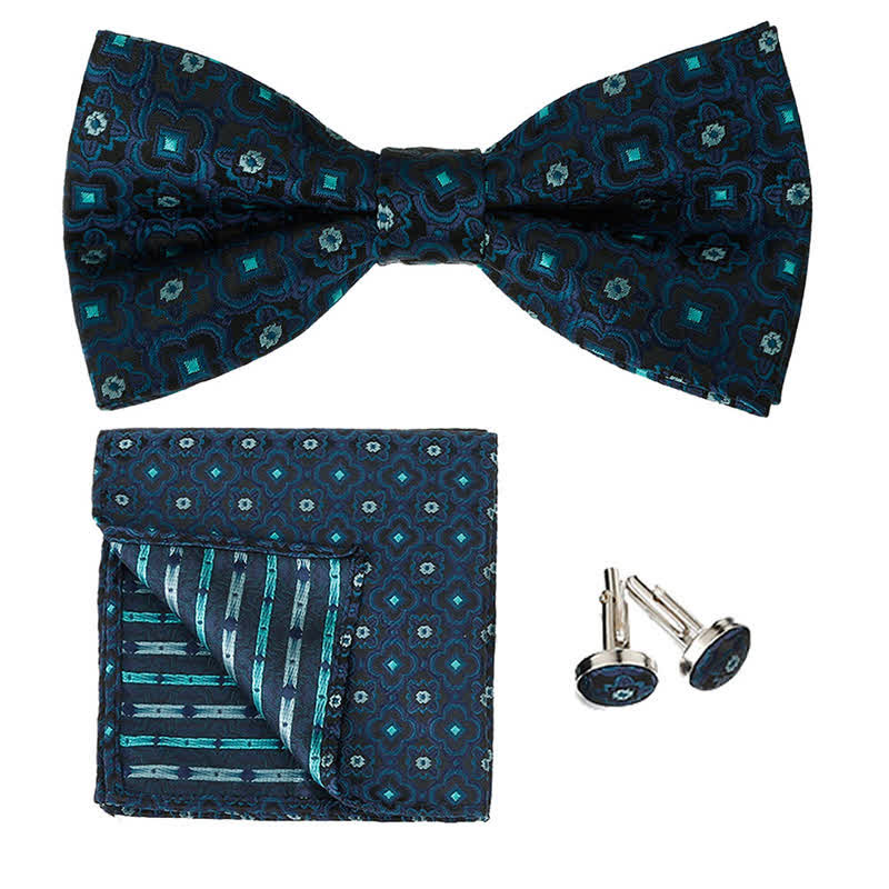 3Pcs Men's Geometrical Figure Pocket Square Bow Tie Set - DarkCyan - image 9