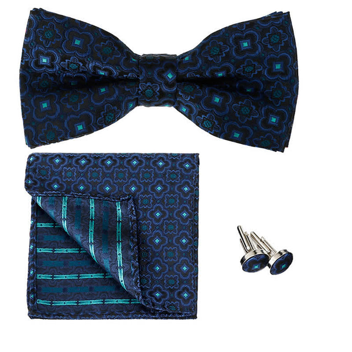 3Pcs Men's Geometrical Figure Pocket Square Bow Tie Set - MidnightBlue - image 8