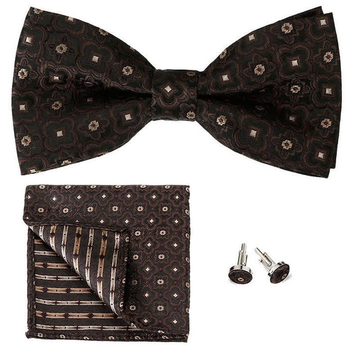 3Pcs Men's Geometrical Figure Pocket Square Bow Tie Set - Dark Coffee - image 5