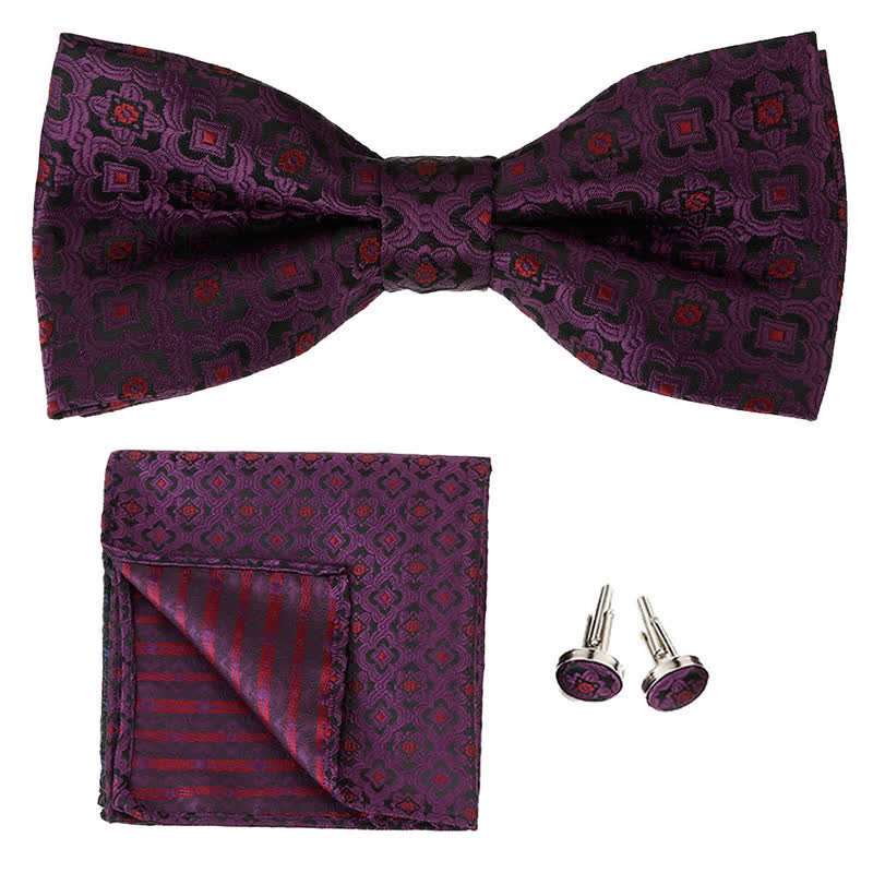 3Pcs Men's Geometrical Figure Pocket Square Bow Tie Set - Dark Purple - image 4
