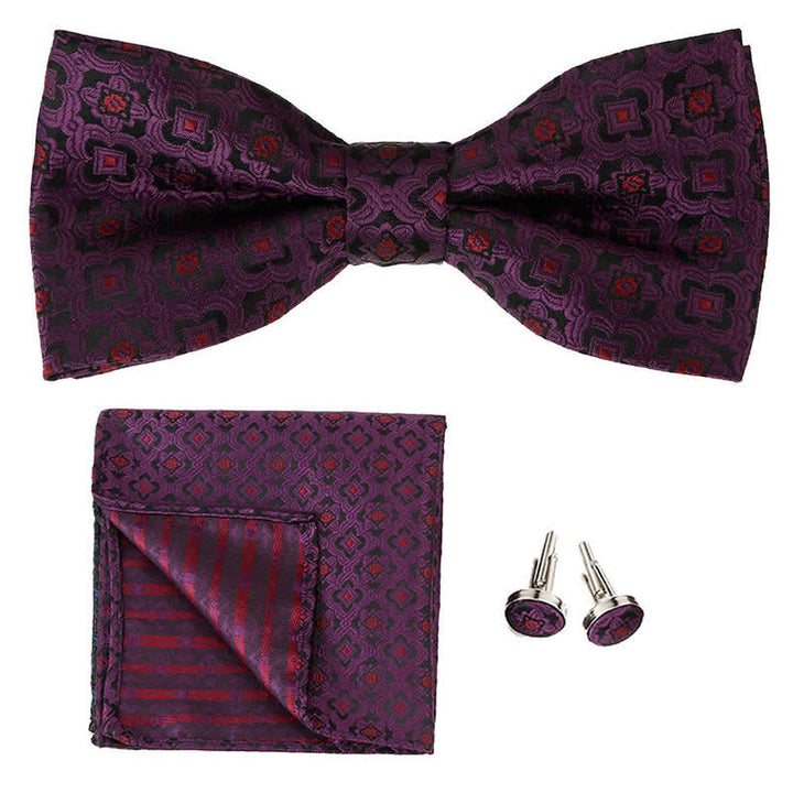 3Pcs Men's Geometrical Figure Pocket Square Bow Tie Set - Dark Purple - image 4