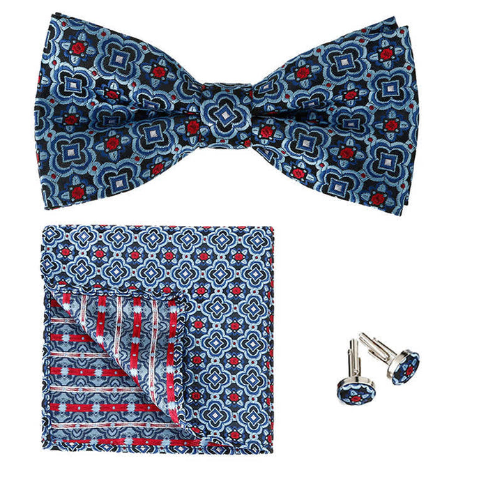 3Pcs Men's Geometrical Figure Pocket Square Bow Tie Set - Blue & Red - image 6