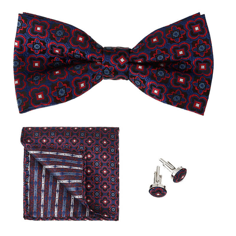 3Pcs Men's Geometrical Figure Pocket Square Bow Tie Set - Burgundy & Navy - image 2