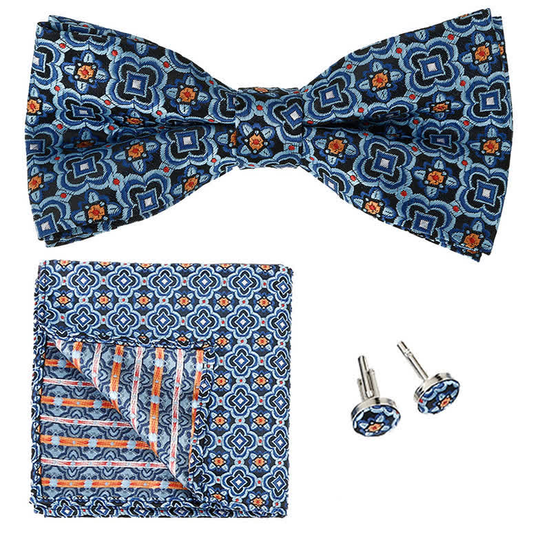 3Pcs Men's Geometrical Figure Pocket Square Bow Tie Set - Blue & Orange - image 1