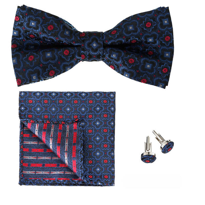3Pcs Men's Geometrical Figure Pocket Square Bow Tie Set - Navy & Red - image 7