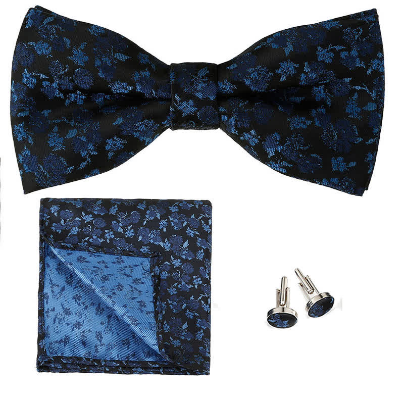 3Pcs Men's Gentleman Rose Floral Pocket Square Bow Tie Set - Navy - image 7