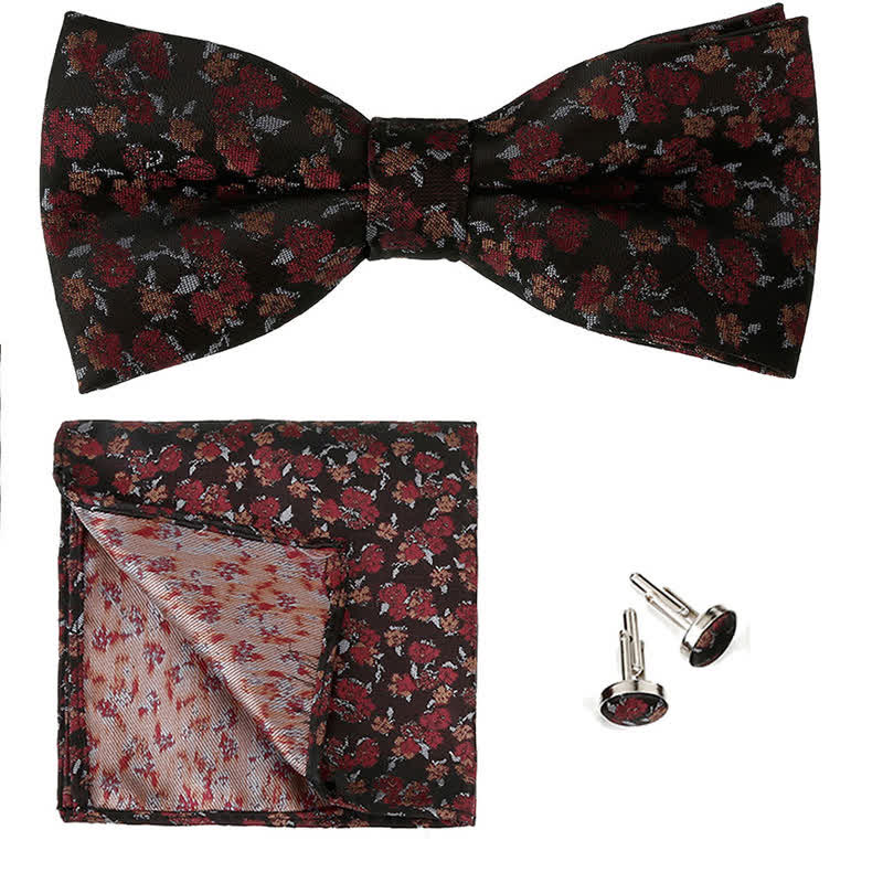 3Pcs Men's Gentleman Rose Floral Pocket Square Bow Tie Set - Maroon - image 6