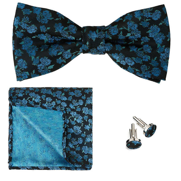 3Pcs Men's Gentleman Rose Floral Pocket Square Bow Tie Set - Midnight Blue - image 5