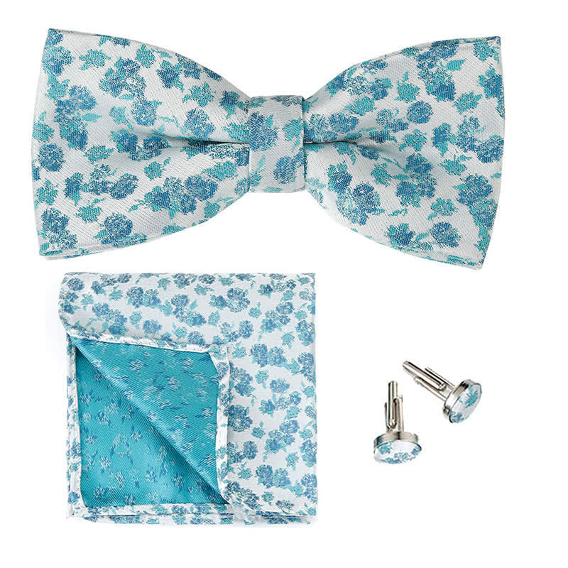 3Pcs Men's Gentleman Rose Floral Pocket Square Bow Tie Set - Blue - image 2