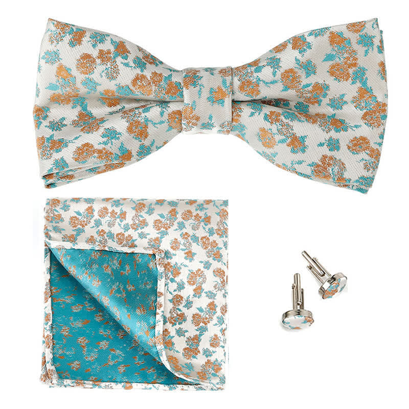3Pcs Men's Gentleman Rose Floral Pocket Square Bow Tie Set - Orange - image 3