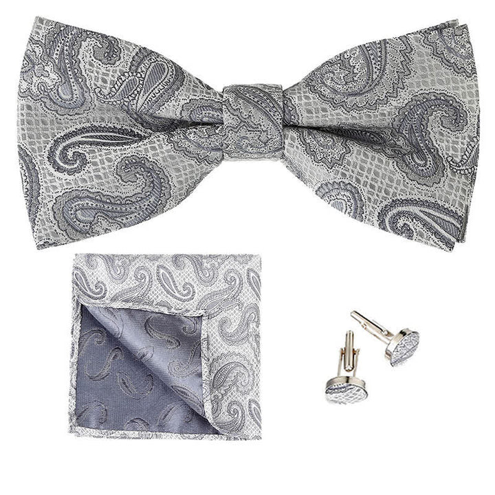 3Pcs Men's Classic Paisley Pocket Square Bow Tie Set - Light Gray - image 6