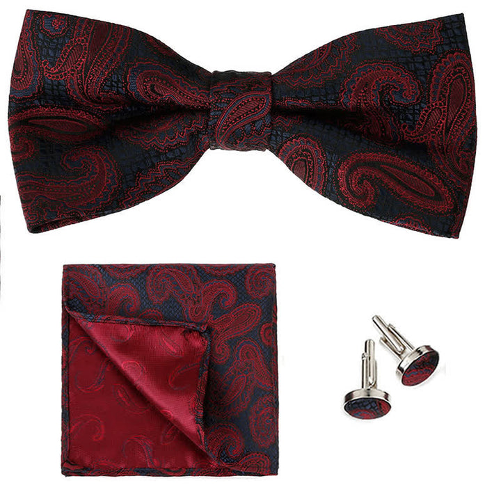 3Pcs Men's Classic Paisley Pocket Square Bow Tie Set - Dark Red - image 3