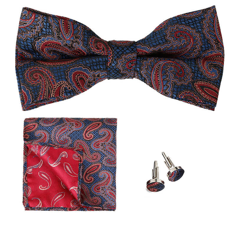 3Pcs Men's Classic Paisley Pocket Square Bow Tie Set - Navy & Red - image 11