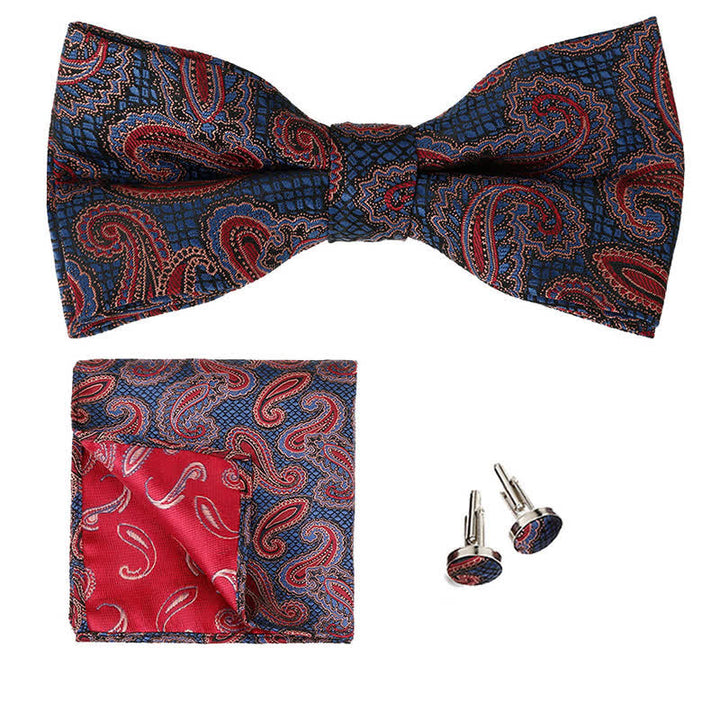 3Pcs Men's Classic Paisley Pocket Square Bow Tie Set - Navy & Red - image 11