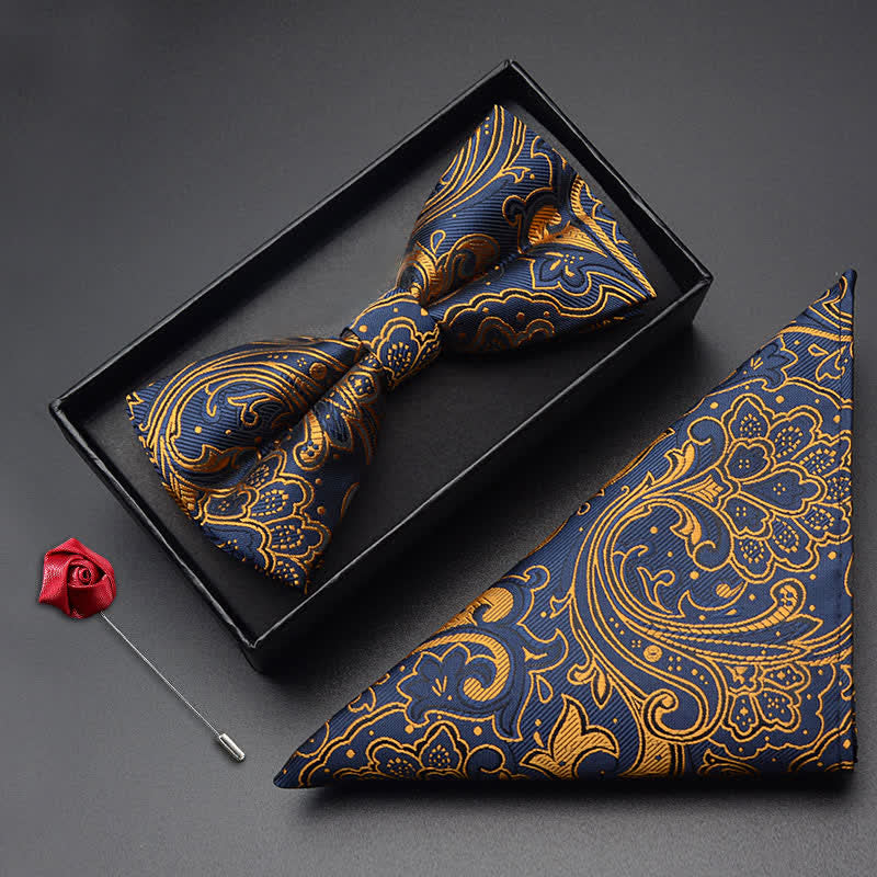 3Pcs Men's Noble Paisley Pocket Corsage Bow Tie Set - Gold & Navy - image 2