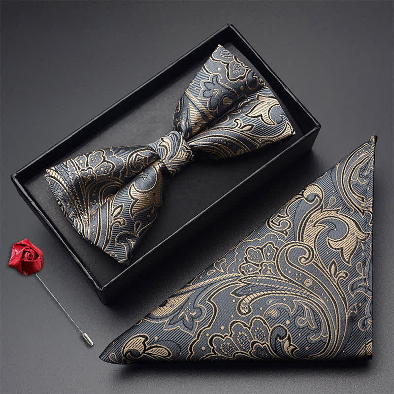 3Pcs Men's Noble Paisley Pocket Corsage Bow Tie Set - Khaki & Gray - image 3