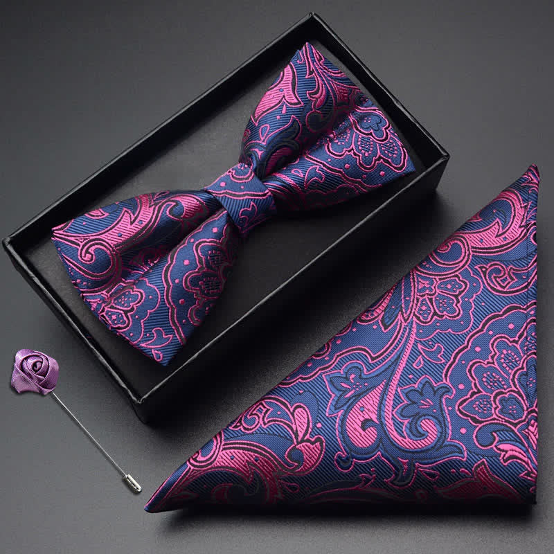 3Pcs Men's Noble Paisley Pocket Corsage Bow Tie Set - Purple - image 0