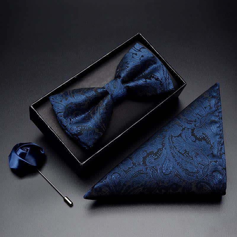 3Pcs Men's Navy Paisley Pocket Corsage Bow Tie Set - Plain - Bow Tie + Handkerchief + Corsage - image 0