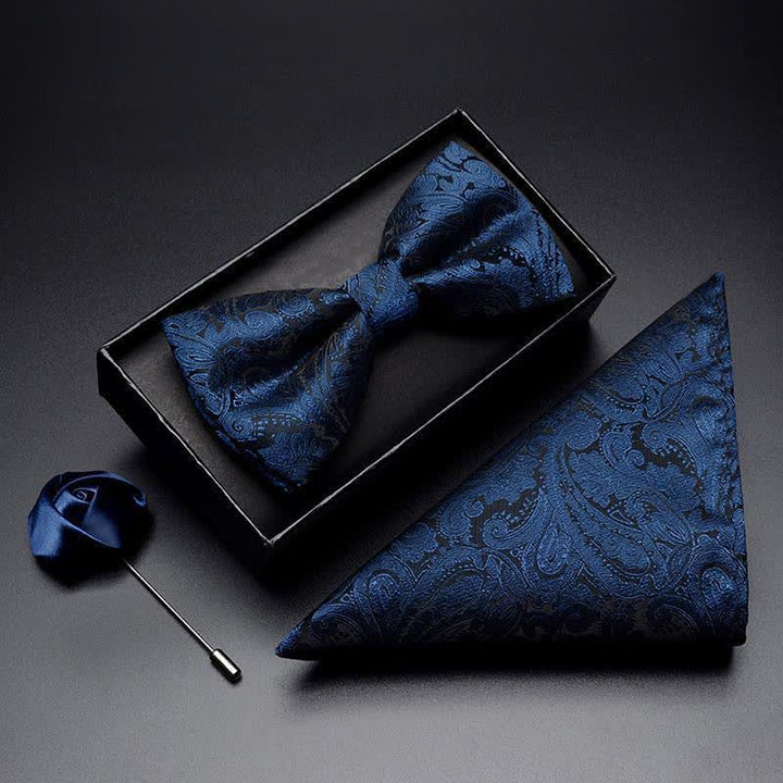3Pcs Men's Navy Paisley Pocket Corsage Bow Tie Set - Plain - Bow Tie + Handkerchief + Corsage - image 0