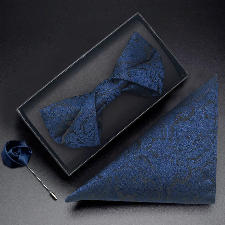 3Pcs Men's Navy Paisley Pocket Corsage Bow Tie Set - Twist - Bow Tie + Handkerchief + Corsage - image 3