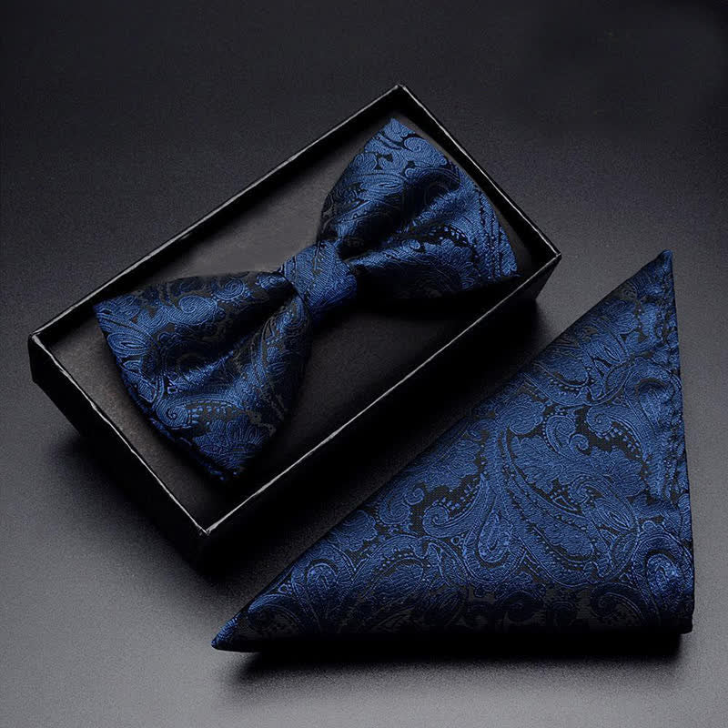 3Pcs Men's Navy Paisley Pocket Corsage Bow Tie Set - Plain - Bow Tie + Handkerchief - image 1