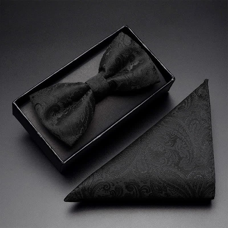 3Pcs Men's Black Paisley Pocket Corsage Bow Tie Set - Plain - Bow Tie + Handkerchief - image 2