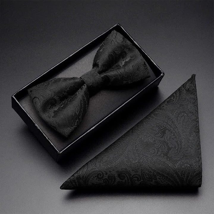 3Pcs Men's Black Paisley Pocket Corsage Bow Tie Set - Plain - Bow Tie + Handkerchief - image 2