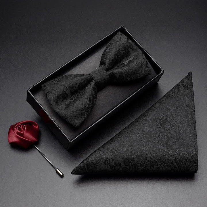 3Pcs Men's Black Paisley Pocket Corsage Bow Tie Set - Plain - Bow Tie + Handkerchief + Corsage - image 0