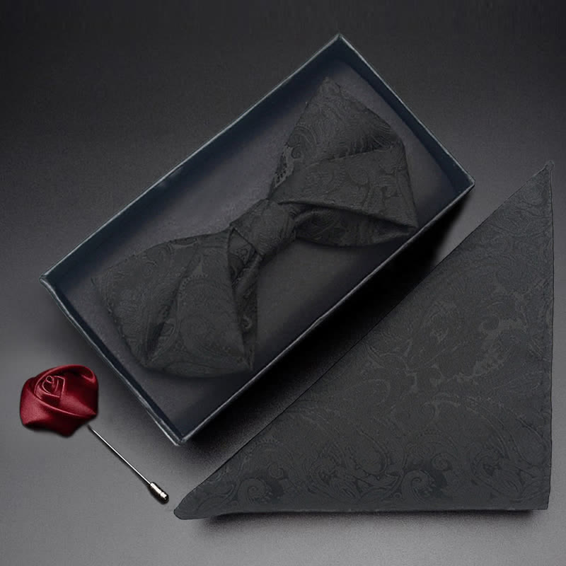 3Pcs Men's Black Paisley Pocket Corsage Bow Tie Set - Twist - Bow Tie + Handkerchief + Corsage - image 7