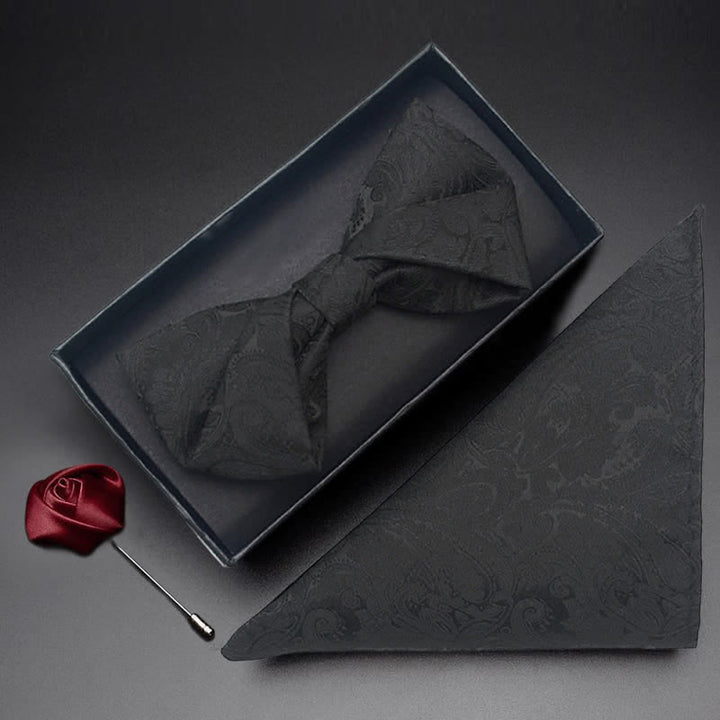 3Pcs Men's Black Paisley Pocket Corsage Bow Tie Set - Twist - Bow Tie + Handkerchief + Corsage - image 7