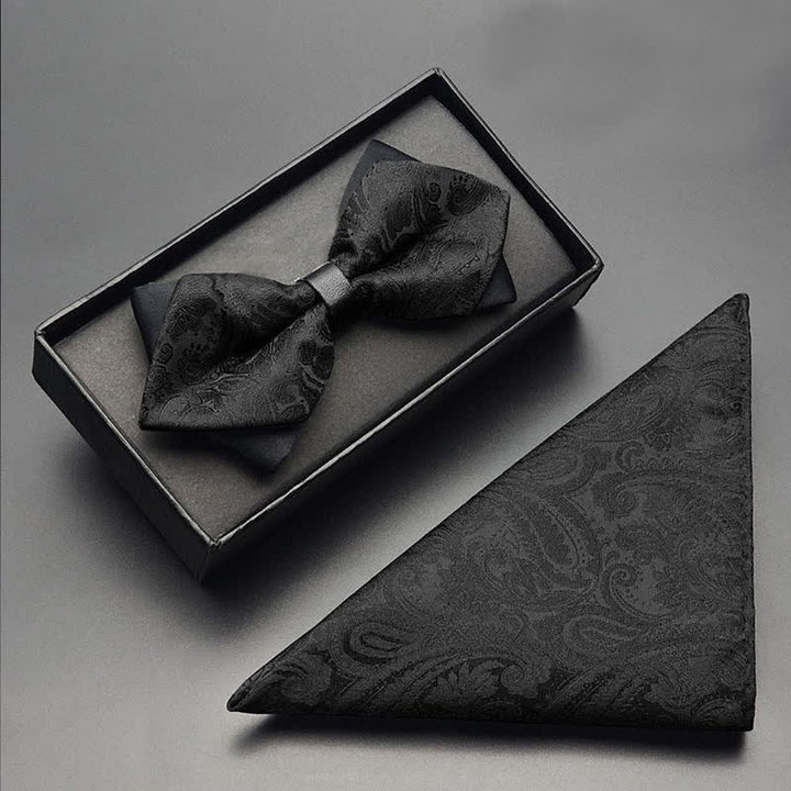 3Pcs Men's Black Paisley Pocket Corsage Bow Tie Set - Double Layered Pointy - Bow Tie + Handkerchief - image 5