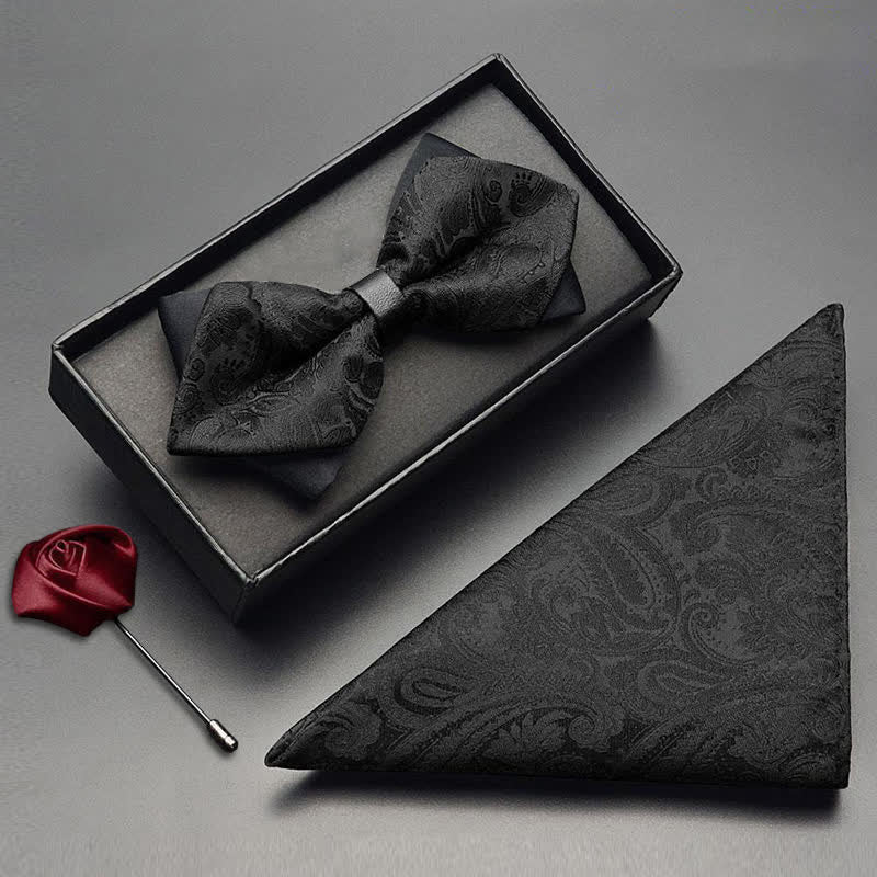 3Pcs Men's Black Paisley Pocket Corsage Bow Tie Set - Double Layered Pointy - Bow Tie + Handkerchief + Corsage - image 4