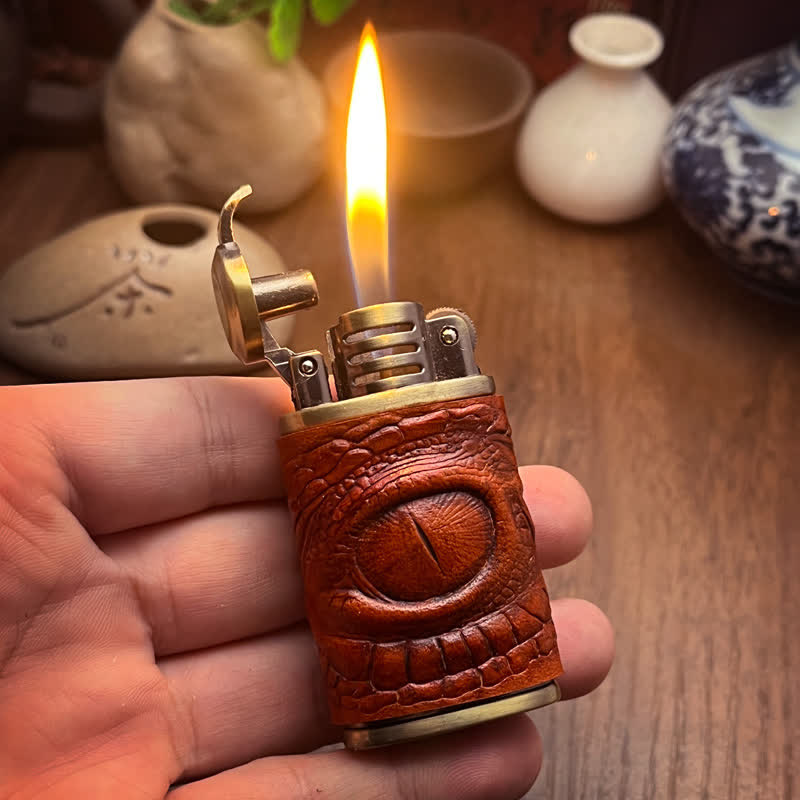 Dragon Eye Leather Sewing Refillable Butane Lighter - Brown - image 0