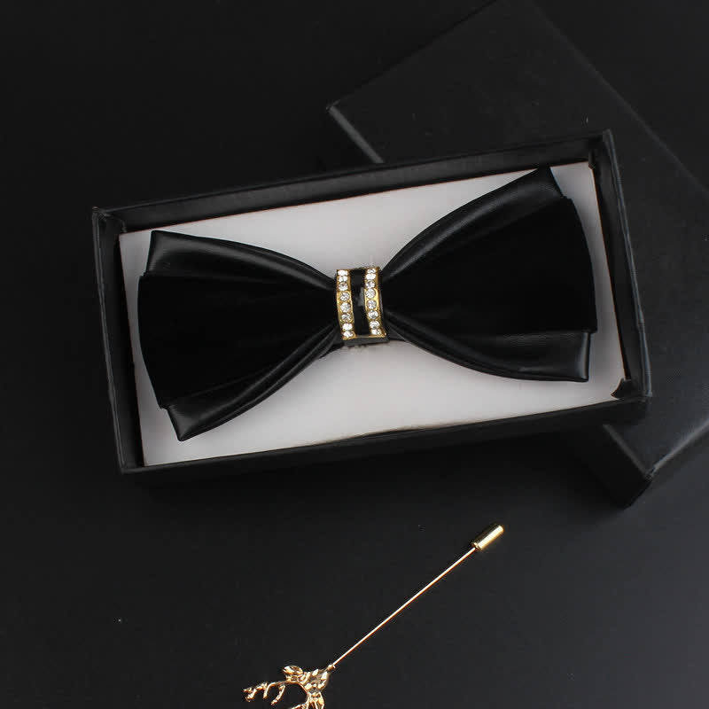 2Pcs Men's Crystal Decoration PU Leather Deer Pin Bow Tie Set - Black - image 6