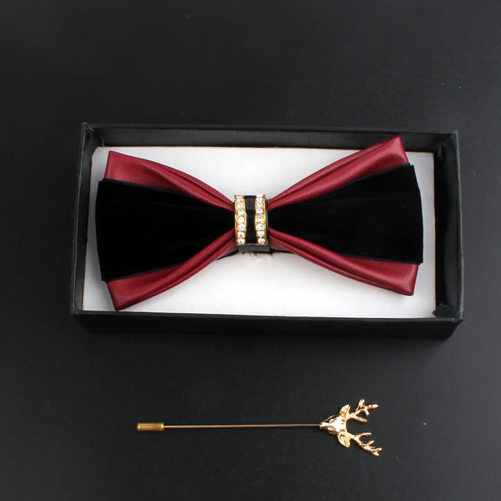 2Pcs Men's Crystal Decoration PU Leather Deer Pin Bow Tie Set - Burgundy - image 7