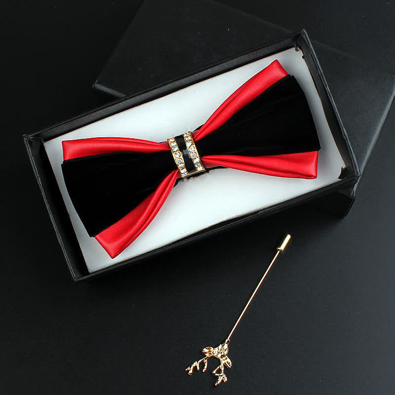 2Pcs Men's Crystal Decoration PU Leather Deer Pin Bow Tie Set - Red - image 4