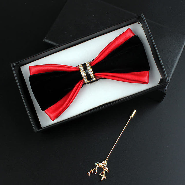 2Pcs Men's Crystal Decoration PU Leather Deer Pin Bow Tie Set - Red - image 4