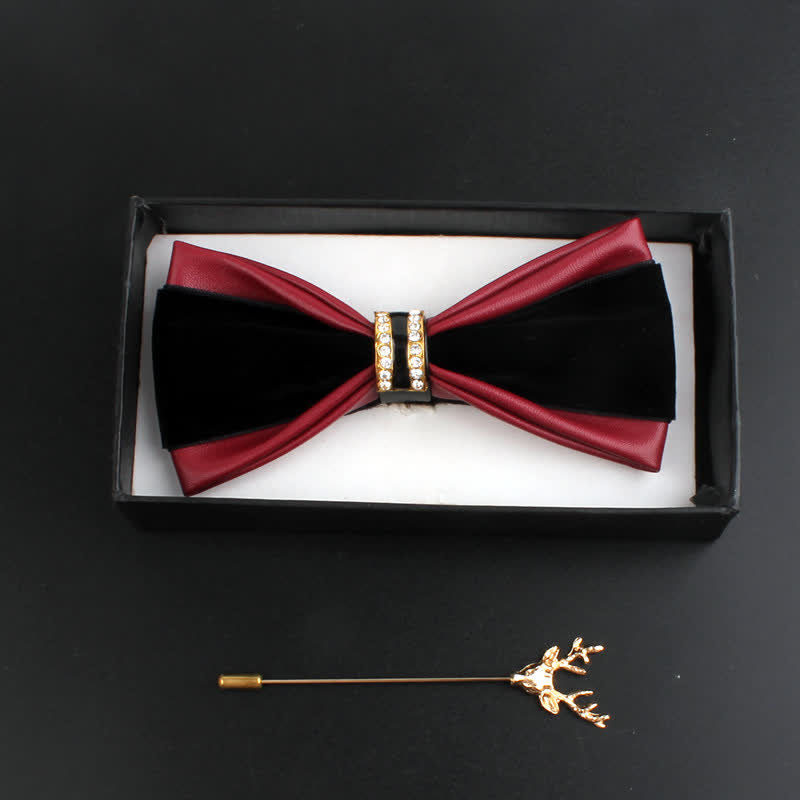 2Pcs Men's Crystal Decoration PU Leather Deer Pin Bow Tie Set - Burgundy - image 7
