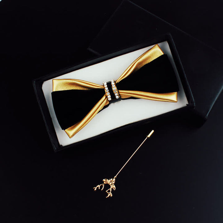 2Pcs Men's Crystal Decoration PU Leather Deer Pin Bow Tie Set - Gold - image 0