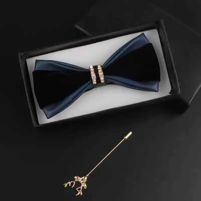 2Pcs Men's Crystal Decoration PU Leather Deer Pin Bow Tie Set - Navy - image 5