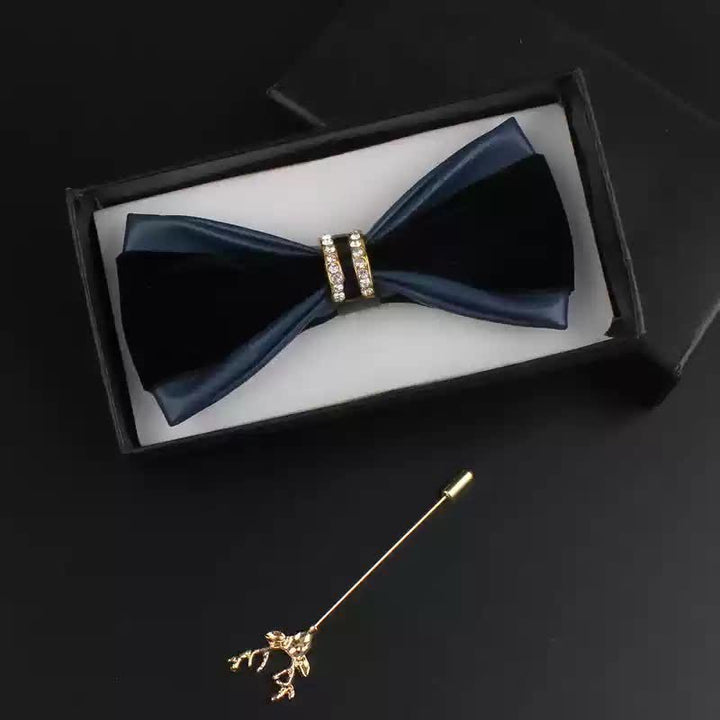 2Pcs Men's Crystal Decoration PU Leather Deer Pin Bow Tie Set - Navy - image 5