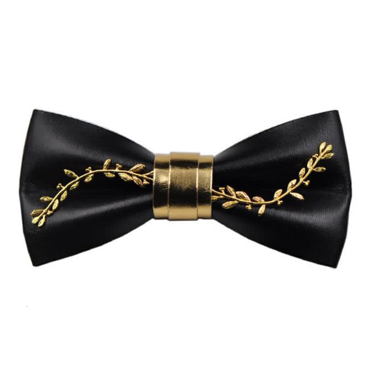 Men's Gold Metal Flower Accent Black PU Leather Bow Tie - Style #1 - image 1