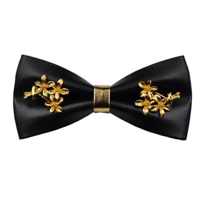 Men's Gold Metal Flower Accent Black PU Leather Bow Tie - Style #4 - image 12