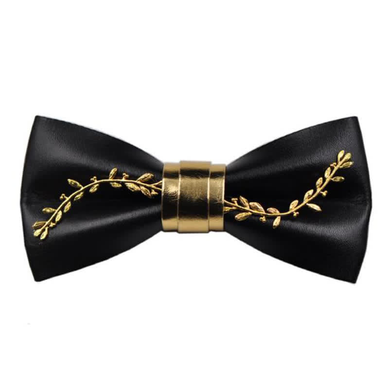 Men's Gold Metal Flower Accent Black PU Leather Bow Tie - Style #1 - image 1