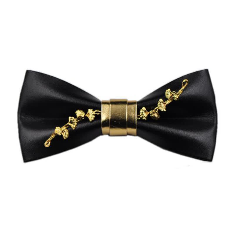 Men's Gold Metal Flower Accent Black PU Leather Bow Tie - Style #2 - image 4